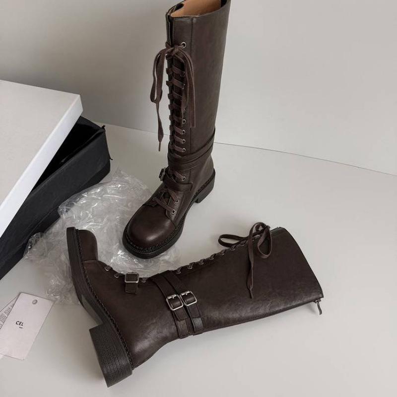 Herbst- und Winter Damen Leder Ritterstiefel dicksohlige rutschfeste Gummisohle Schnürung mittlerer Absatz Übergröße Damenstiefel neue hohe Stiefel