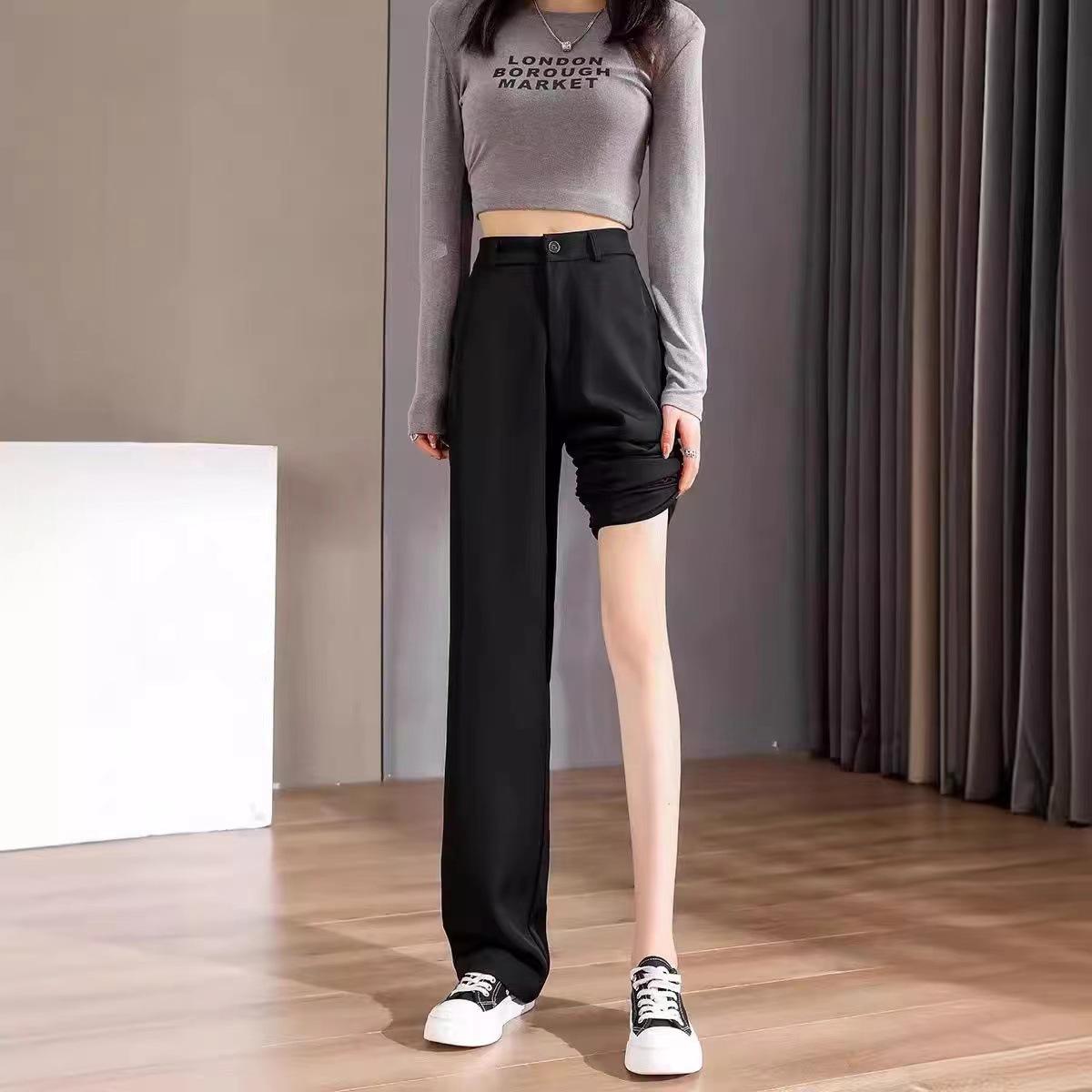 Black Wide-Leg Women s Pants - 2025 Spring/Autumn Petite Straight Suit Drape L
