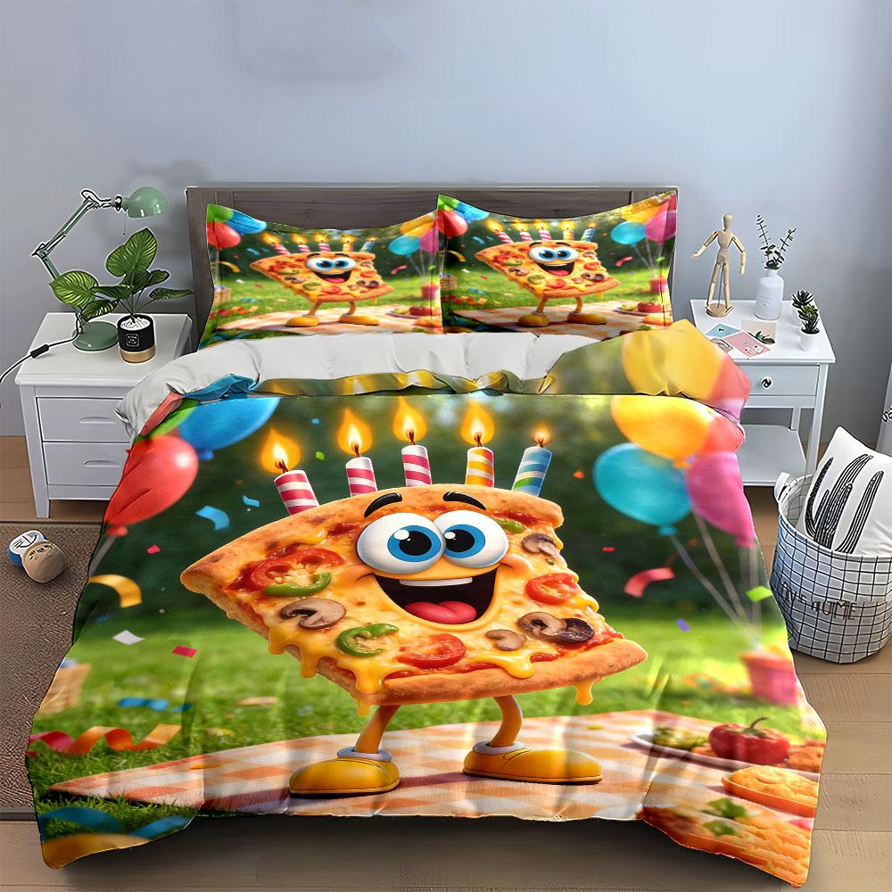 Conjunto de Decoração para Festa com Tema Pizza Cobertor Macio Confortável Conjunto de Roupa de Cama Incluído 1*Capa de Edredom & 2*Fronhas, Presente