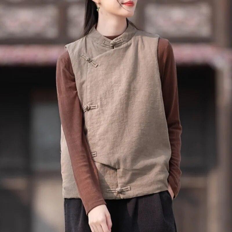 Johnature Dámské Vintage vesty Kabáty Stojánek Jednobarevný Knoflíček Plus Bavlněné Oblečení Podzimní Teplé vesty v čínském stylu