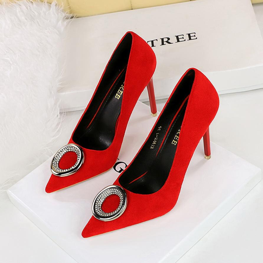 Pantofi de damă cu corecție pentru picioare pentru slăbire, tocuri super înalte, piele întoarsă, gură adâncă, cataramă ascuțită cu strasuri metalice, pantofi simpli cu toc înalt