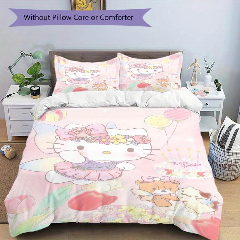 3pcs Happy Birthday Hello Kitty Bedding Set - 1 Soft Quilt Cover + 2 Pillowcases, Machine Washable - Suitable for All Seasons, Perfect Gift