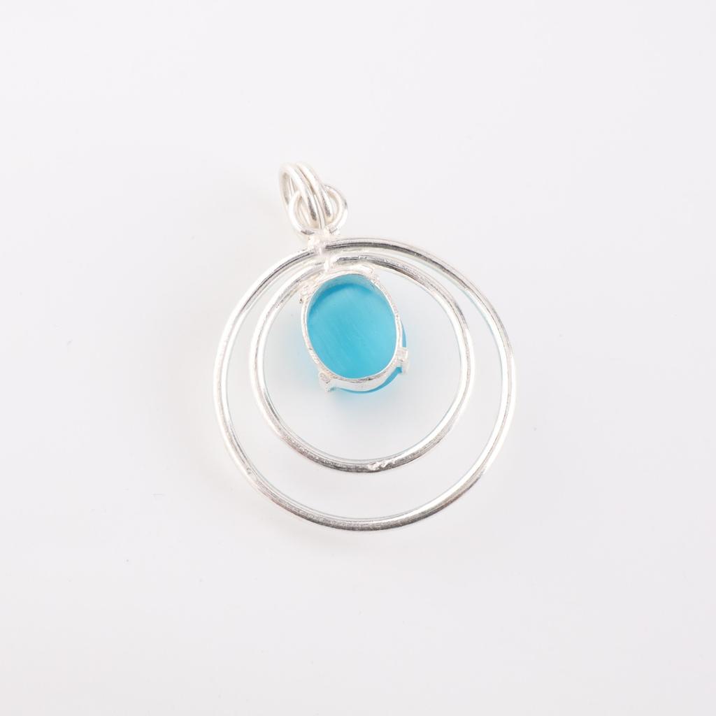 Rare Blue Cat's Eye Gemstone 925 Sterling Silver Jewelry Handmade Pendant 1.65" PP-61-43
