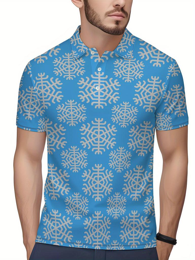 Men's Short-Sleeve Polo Shirt with Lapel Collar & Button Placket - Full-Body Christmas Print Button-Front Suitable for Dates, Beach Vacations, Machine