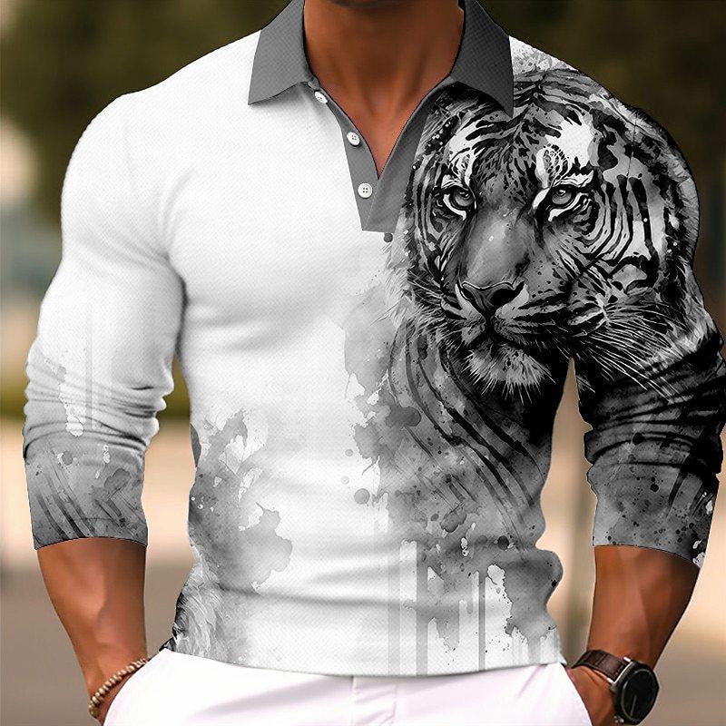 Men's Long Sleeve Polo Shirt with Tiger Print, Stylish Casual Top