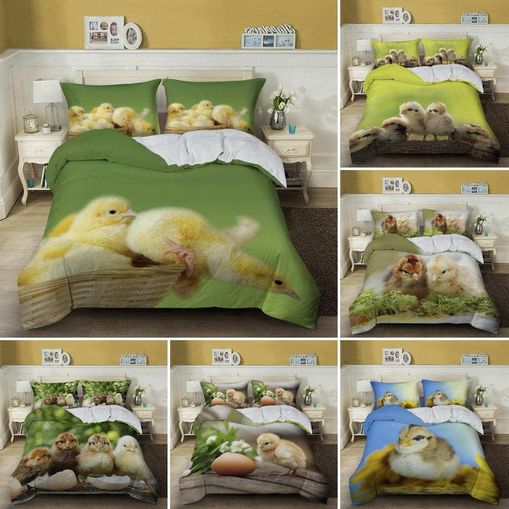 Chick Kids Duvet Cover Set King/Queen Size, Farm Animal Print Duvet Cover, Yellow Cute Chick Bedding Set In The Basket, Green