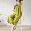 Women's Plus Size 2-Piece Set, Linen-cotton Sleeveless Button Top & Wide Leg Pants (XL-7XL)