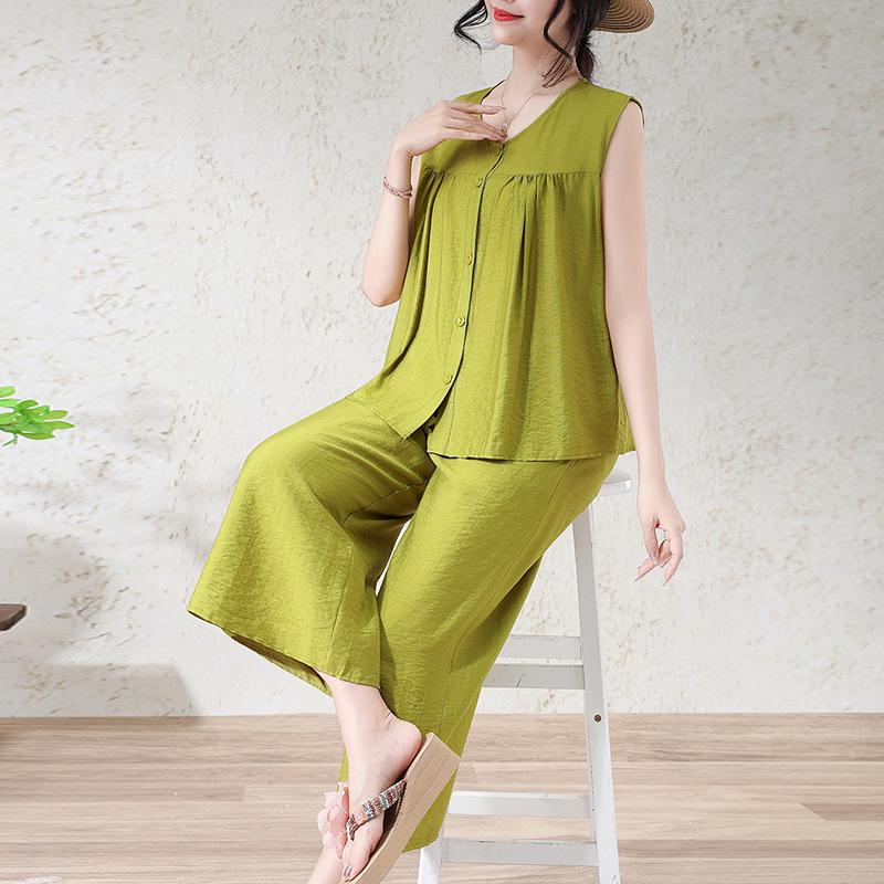 Women's Plus Size 2-Piece Set, Linen-cotton Sleeveless Button Top & Wide Leg Pants (XL-7XL)