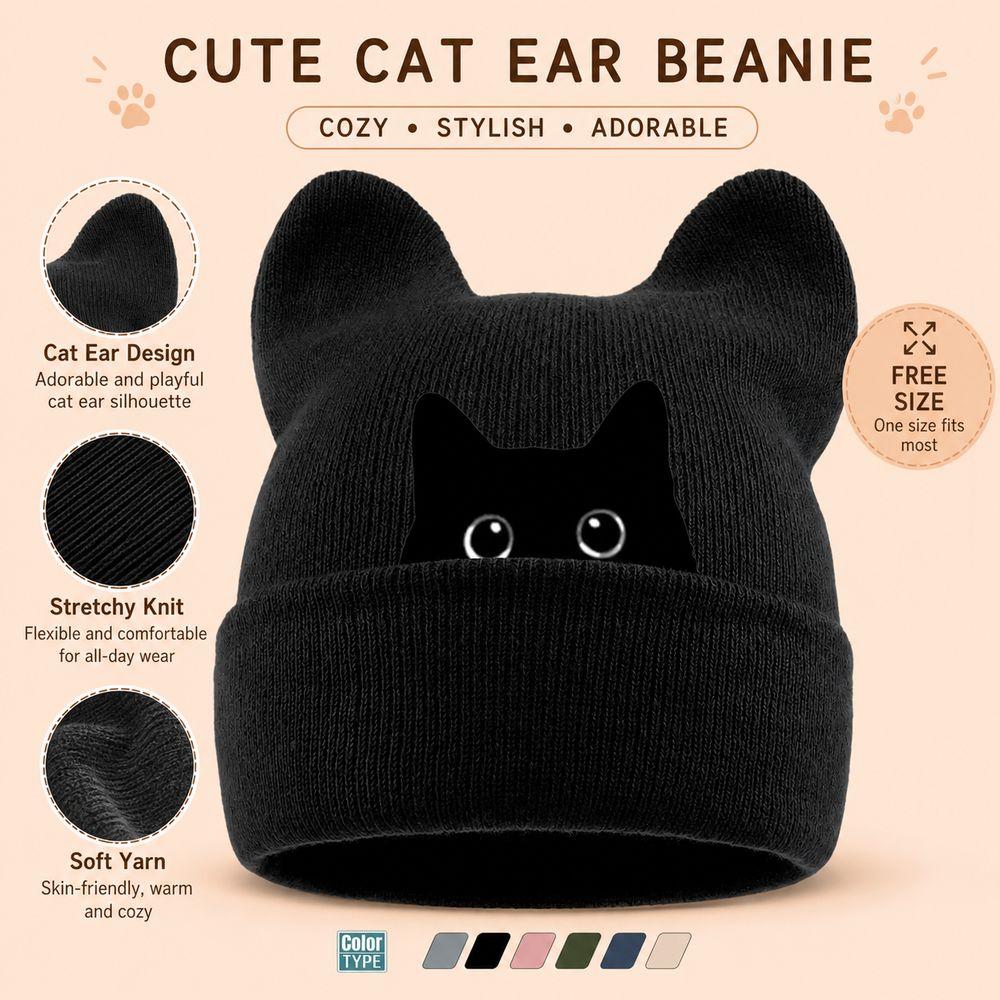 Stretchable Cat Ear Beanie Hat Y2K Harajuku Pullover Hat Fashion Winter Knit Hat Women