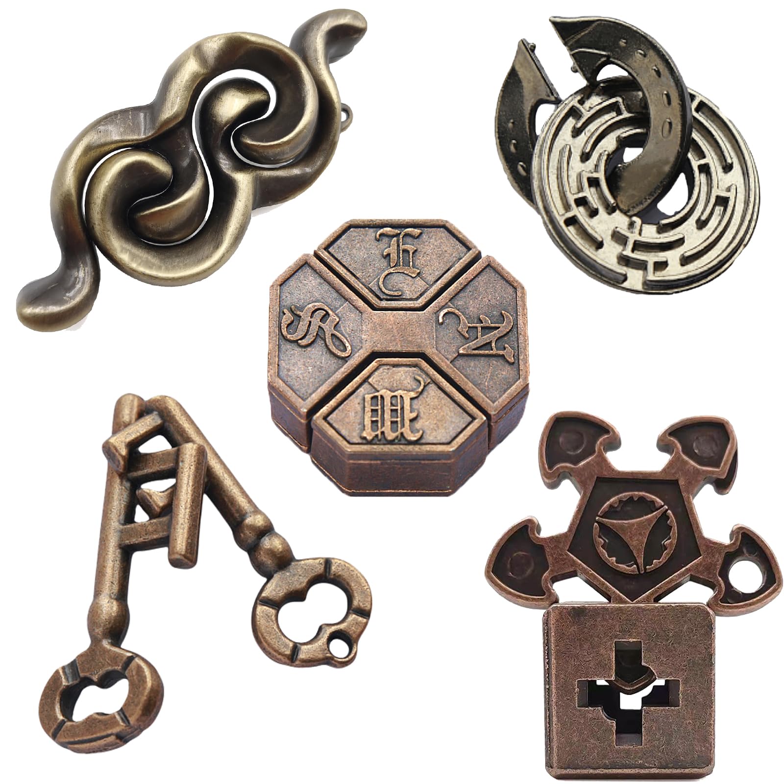 

5-Piece Metal Puzzle Set, Difficulty Levels 6-2, Brain Teaser, Brain Training, Time Killer, Focus Toy, Stress Relief, Mystery Solving, 3D Puzzle, Key