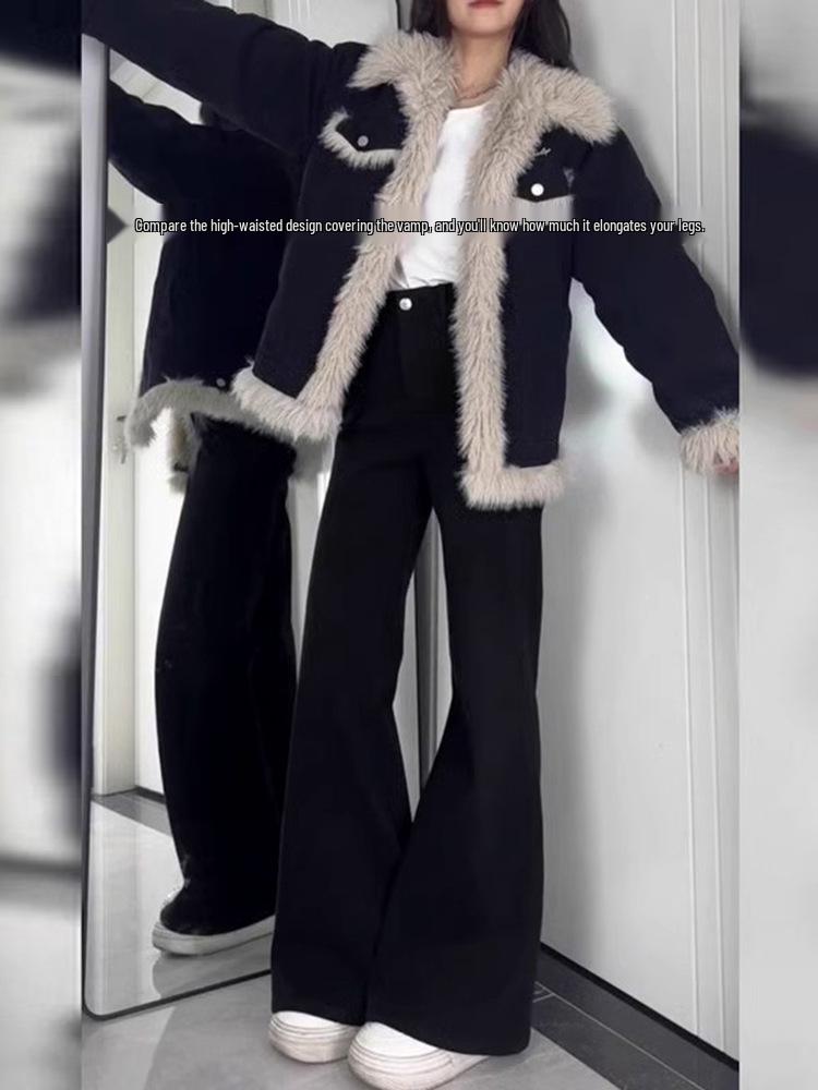 Women's High-Waist Black Micro-Flare Non-Stick Jeans - Plus Size, Wide Leg, Floor-Length, Autumn Collection
