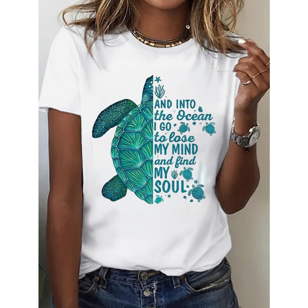 Ocean Turtle Print Crewneck Short Sleeve Cotton Graphic T-shirt with Inspirational Quotes for Beach Lovers