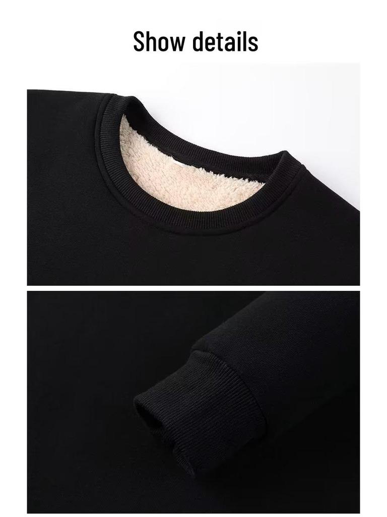 Men's Velvet-Lined Lamb Fleece Sweatshirt - Thick, Warm, Loose-Fit, Round Neck, Autumn/Winter Top