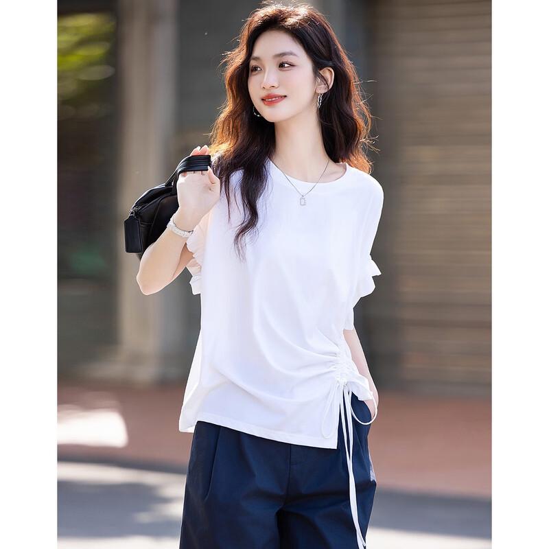 Women's Asymmetric Drawstring Pleated Cotton Spandex T-shirt