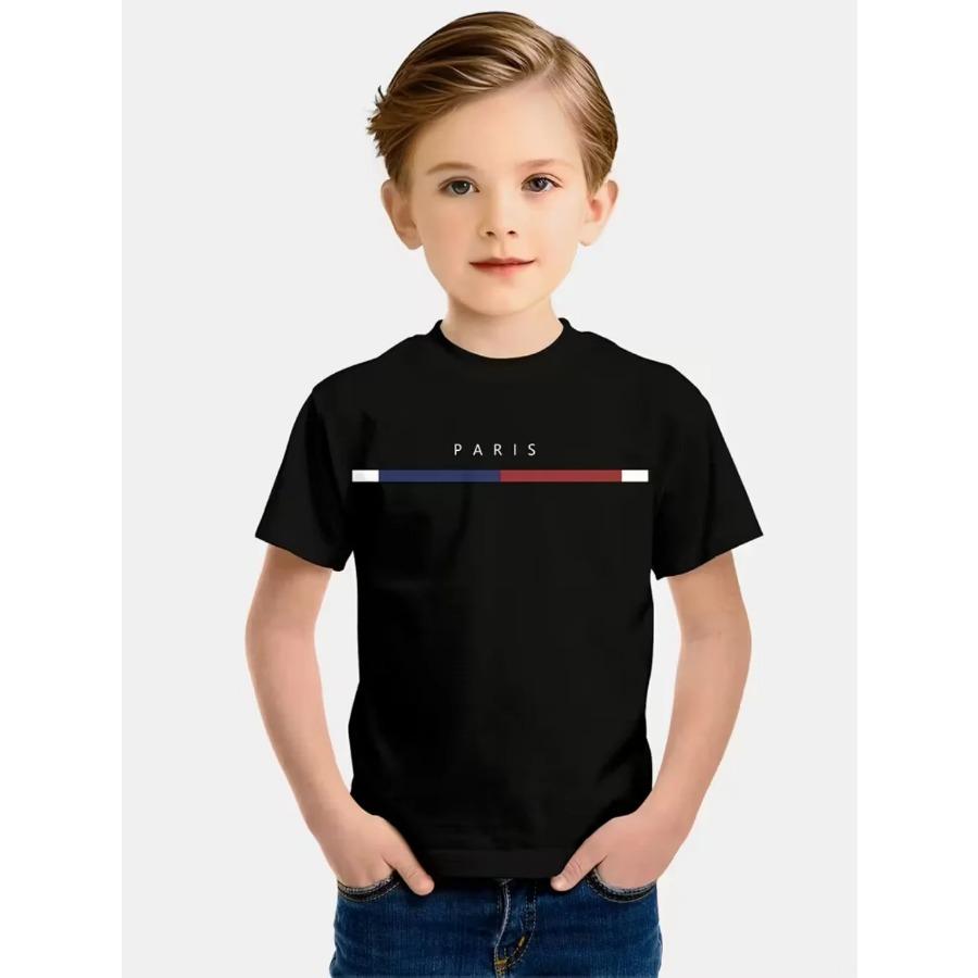 Boys' T-Shirt Simple Paris Letter Print Summer Short Sleeve Tees Loose Fashion Round Neck Tops Stripe Streetwear Kids Clothing