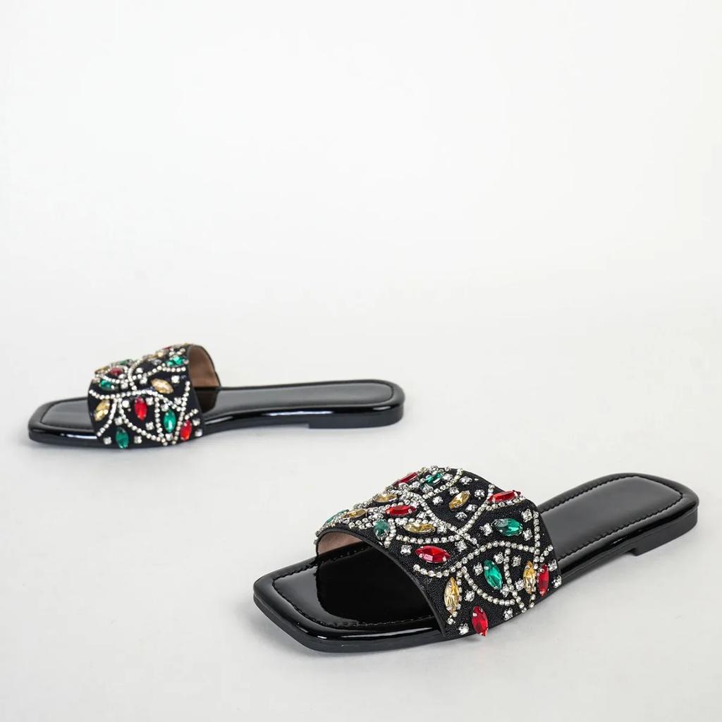 Fashion Luxury Women's Fashion Slippers Summer Comfortable Flat Bottomed Fashion Square Head Water Diamond Pure Handmade Cool Slippers