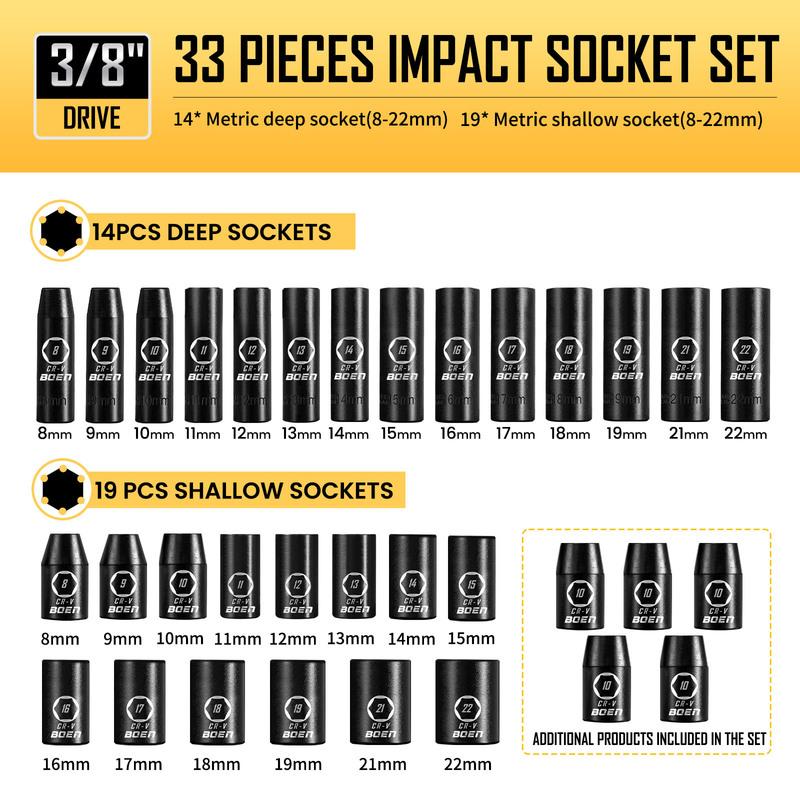 

BOEN 3/8 Drive Impact Socket Set, 57-Piece Standard SAE (5/16 to 3/4 inch) and Metric (8-22mm), Include Ratchet Handle, 57pcs чёрный