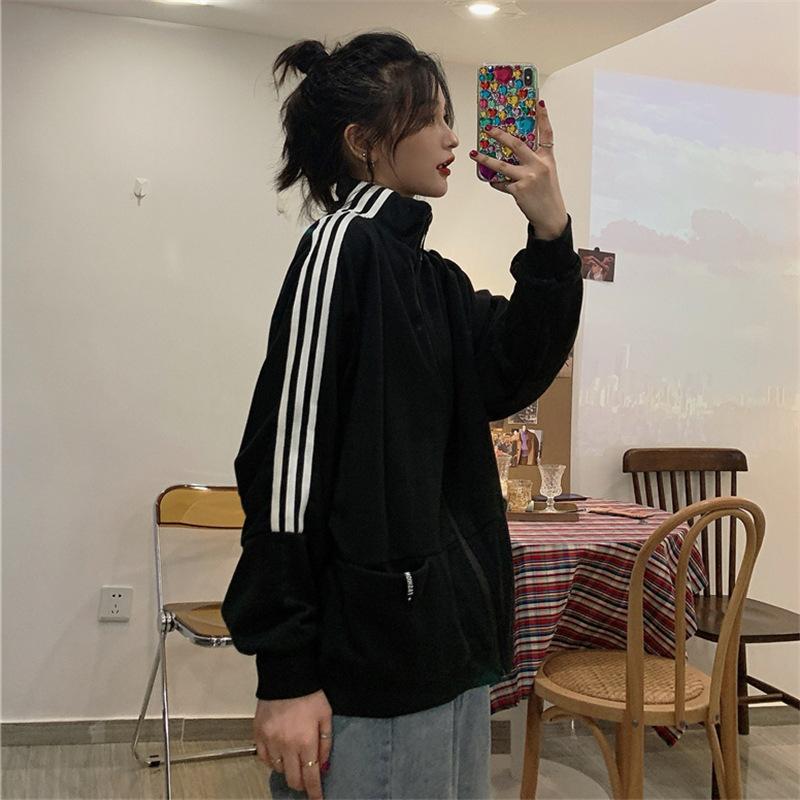 

Осенняя новинка Bf Wind, тонкая полосатая толстовка с воротником-стойкой и длинными рукавами, женский кардиган на молнии, повседневное пальто, топ XL чёрный