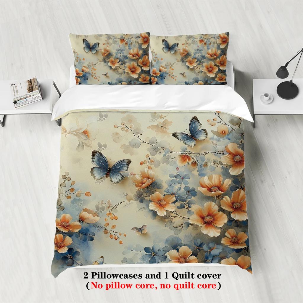 3 st. sängkläder med tryckt blommigt och fjärilsmönster, 1*påslakan+2*örngott, Polyester mjuk sovrumsdekoration sängkläder