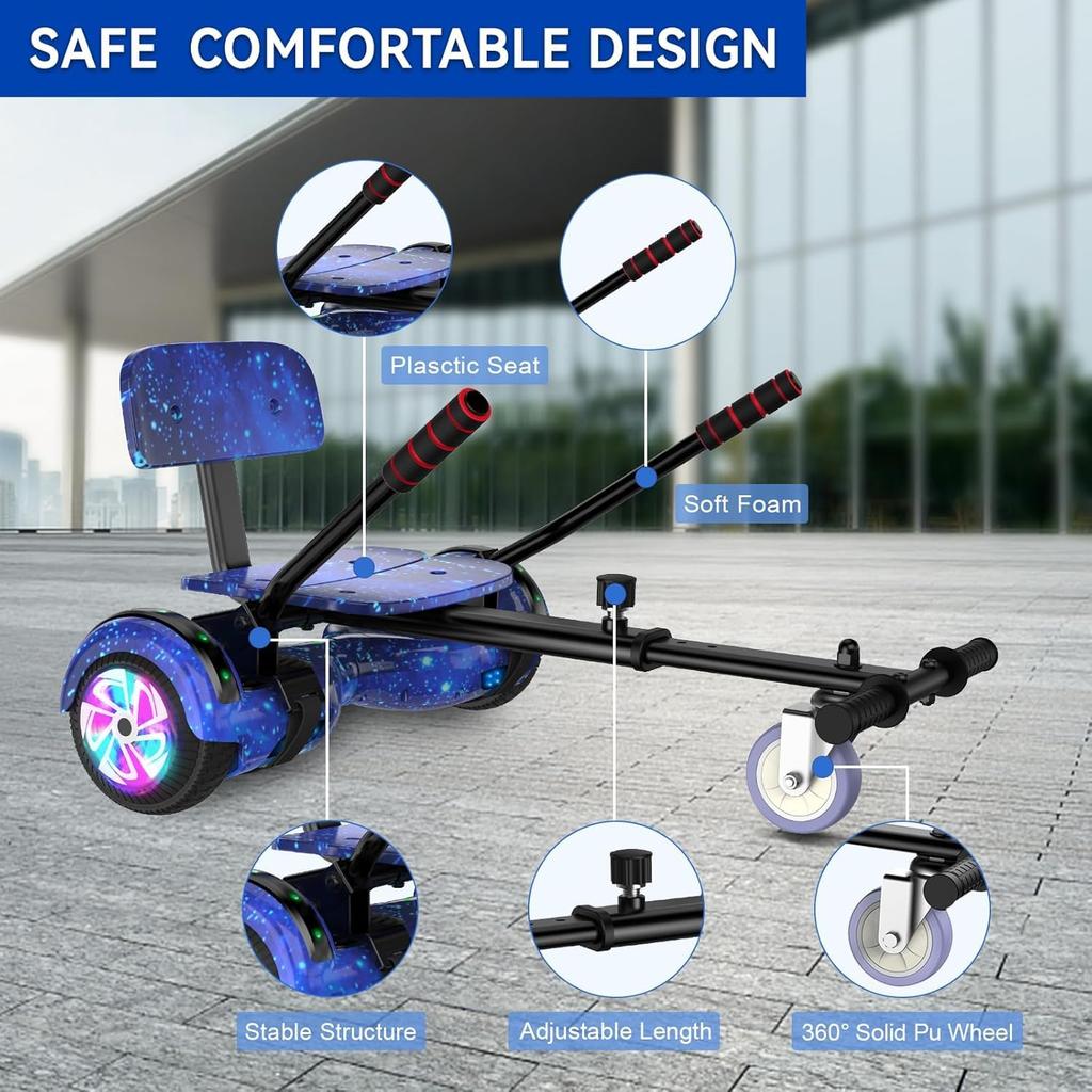 Hoverboard Go Kart Seat, 6.5'' Hoverboard Hoverkart with LED Lights and Bluetooth Speaker, Gyroscooters Go Kart Bundle for Kids and Adult