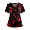 Halloween Print V Neck Short Sleeve Nurse Scrub Top with Double Pockets and Side Slit Hem for Healthcare Workers and Caregivers