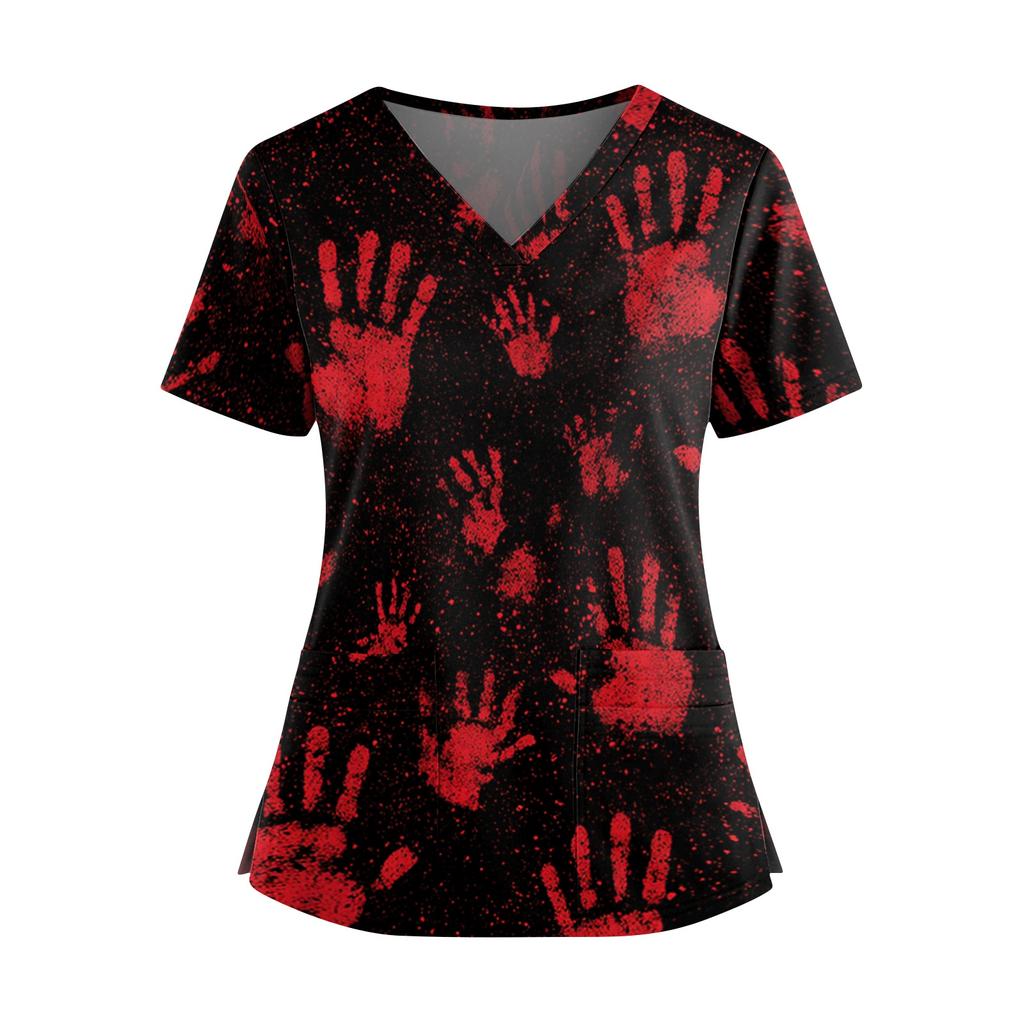 Halloween Print V Neck Short Sleeve Nurse Scrub Top with Double Pockets and Side Slit Hem for Healthcare Workers and Caregivers
