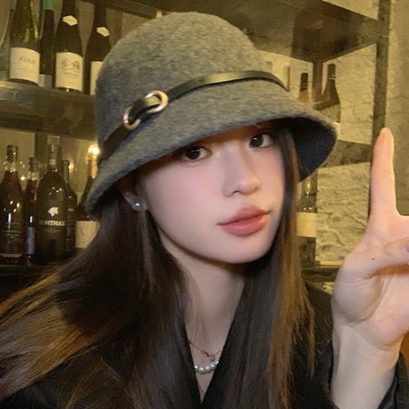 Belt buckle wool foreign daughter hat top hat women's autumn and winter bucket hat Hepburn rich daughter high sense