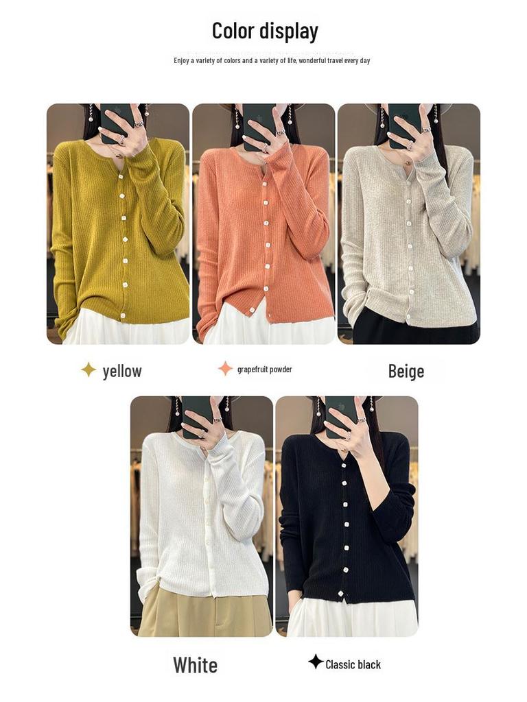 Women's Worsted Wool Cardigan: V-Neck, Lightweight, Loose Fit, Long-Sleeved, Sun-Proof, Spring/Summer Knit Sweater Jacket.