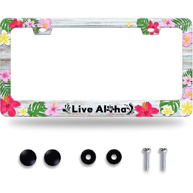 Cherry Blossom License Plate Frame Beautiful Flowers Pink License Plate Stainless Steel Funny License Plate Holder Floral Car Accessories Decoration