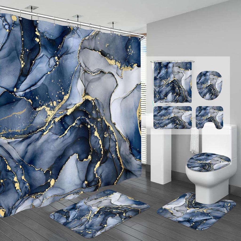 Set Cortină de Duș de Baie Marmură de Lux 4 Bucăți 15 Stiluri Cortină de Baie cu 12 Cârlige Covoare Antiderapante Covoraș pentru Capacul Toaletei Partiție de Baie