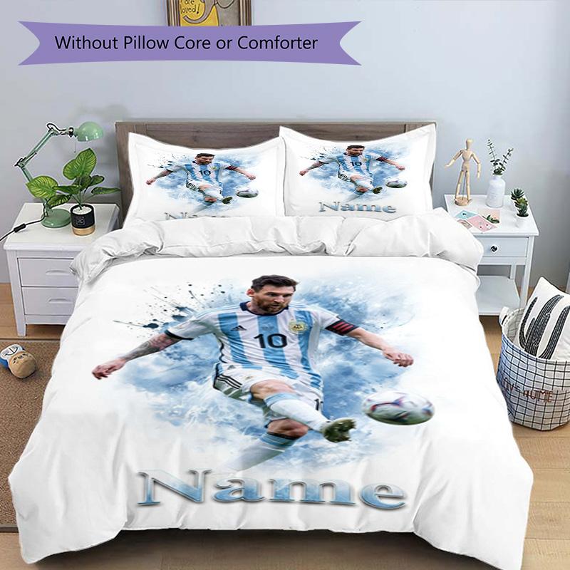 Messi Custom Soccer Player Watercolor Art Personalized Name Bedding Set,Smooth Bed Linen for Bedroom Decor,Perfect Souvenir Gift for Soccer Lovers,Mic