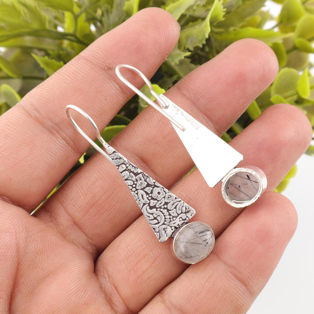 Black Rutile Handmade Silver Earrings, 925 Sterling Silver Designer Earrings, Beautiful Gemstone Earrings Gift For Love