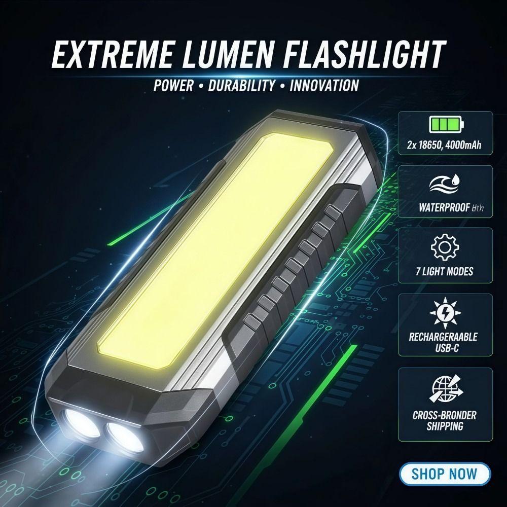 LED Magnetic Flashlight 2×18650 Waterproof COB Work Light 4000mAh Strong Light Camping Torch Light Outdoor Night Lighting