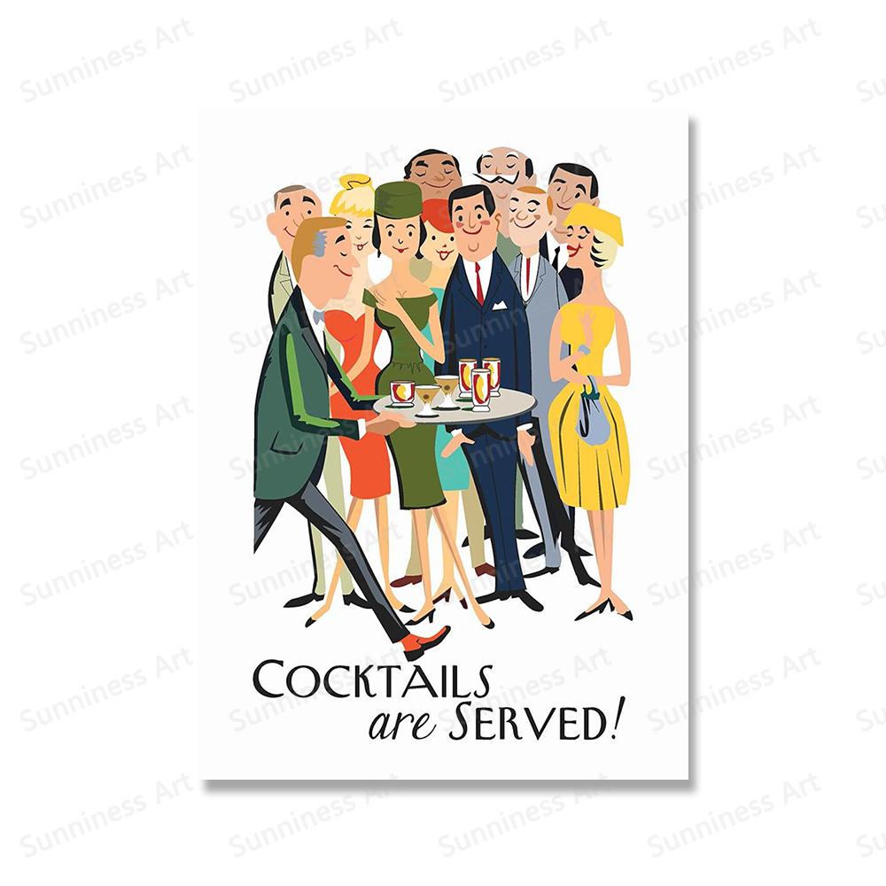 Cocktails Are Served Posters And Prints Canvas Painting Mid Century Modern Retro Wall Art Pictures Bar Party Kitchen Home Decor