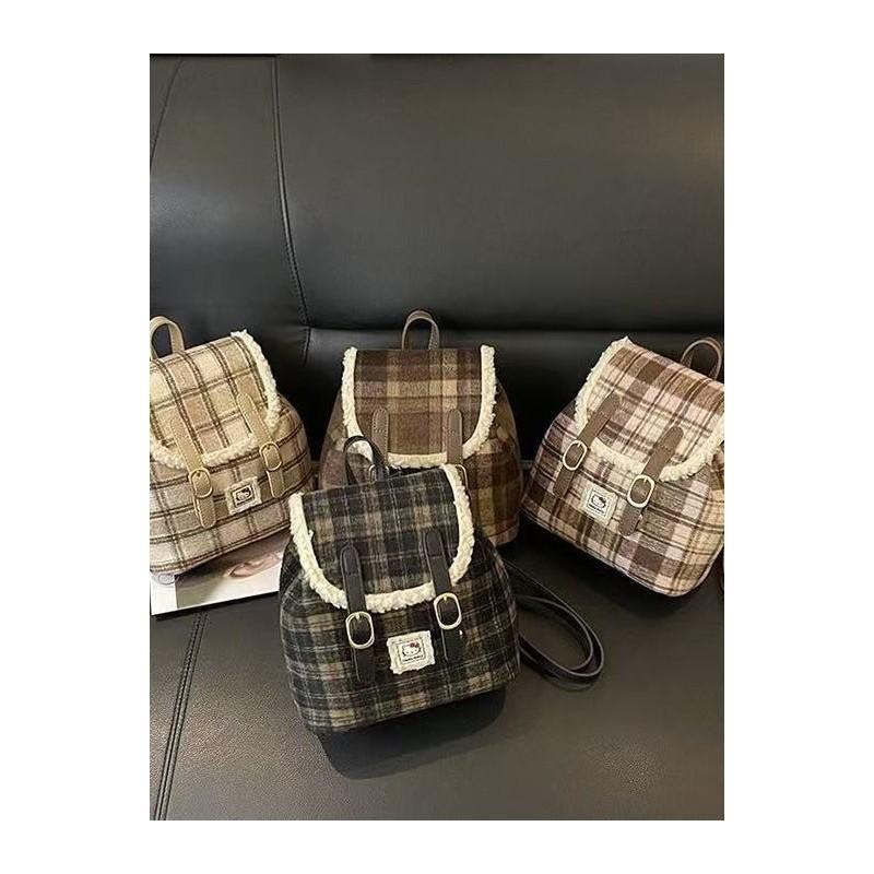 Plush Backpack With Vintage Plaid Design For Daily Use