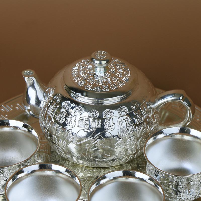 Premium Sterling Silver Tea Set - 6-Piece Handmade Teapot & Kung Fu Teacups Business Gift