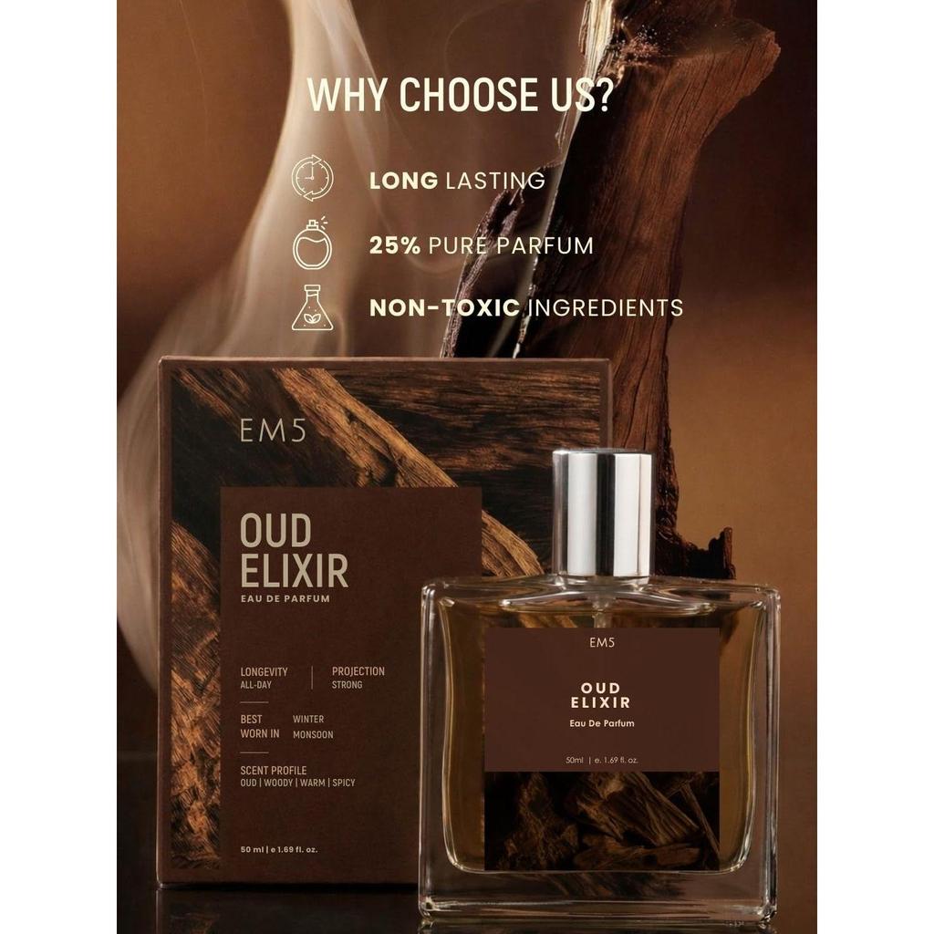 EM5 Oud Elixir Perfume for Men | Warm, Woody, Spicy, Oud Fragrance | Long Lasting Scent | Premium Gift for Him