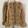 Damen Strickjacke mit Kunstfuchsfellkragen Kurzer Warmer Wollmischungs Pullover Büro Chic
