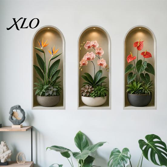 2D Archway Decals 3Pcs Arched Flower Wall Stickers, Boho Style Floral Plant Decals, Self Adhesive PVC Peel And Stick Wallpaper for Waterproof Stickers