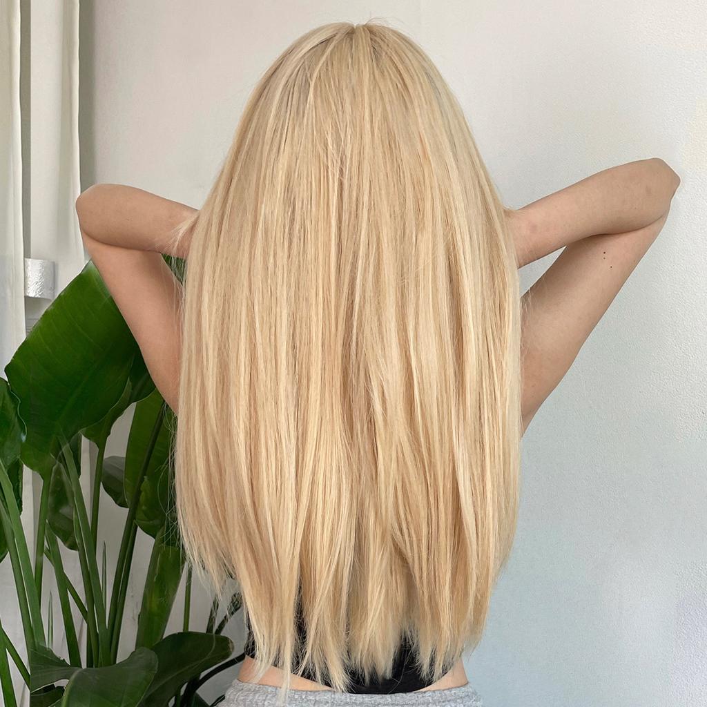 Blonde Golden Long Straight Synthetic Wigs with Bangs Beige Lolita Hairs Wig for Women Daily Party Heat Resistant Fiber