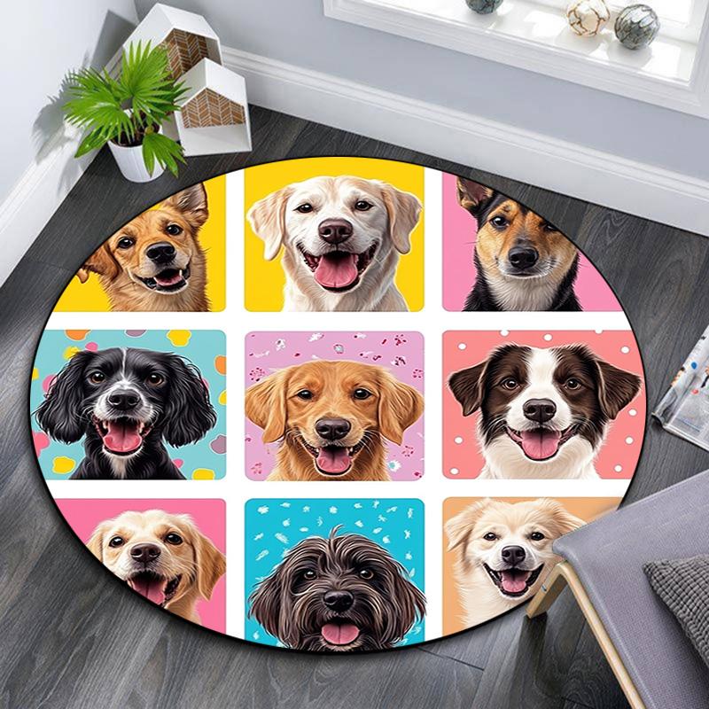 Happy Dog Round Area Rug,Carpet Rug for Living Room Bedroom Sofa Playroom Decor,Non-slip Floor Mat