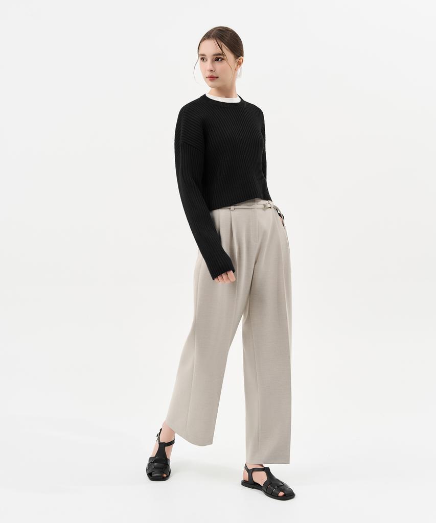 Laneonkyulleoseu Belt Detail Pintuck Wide Pants_Melange Beige