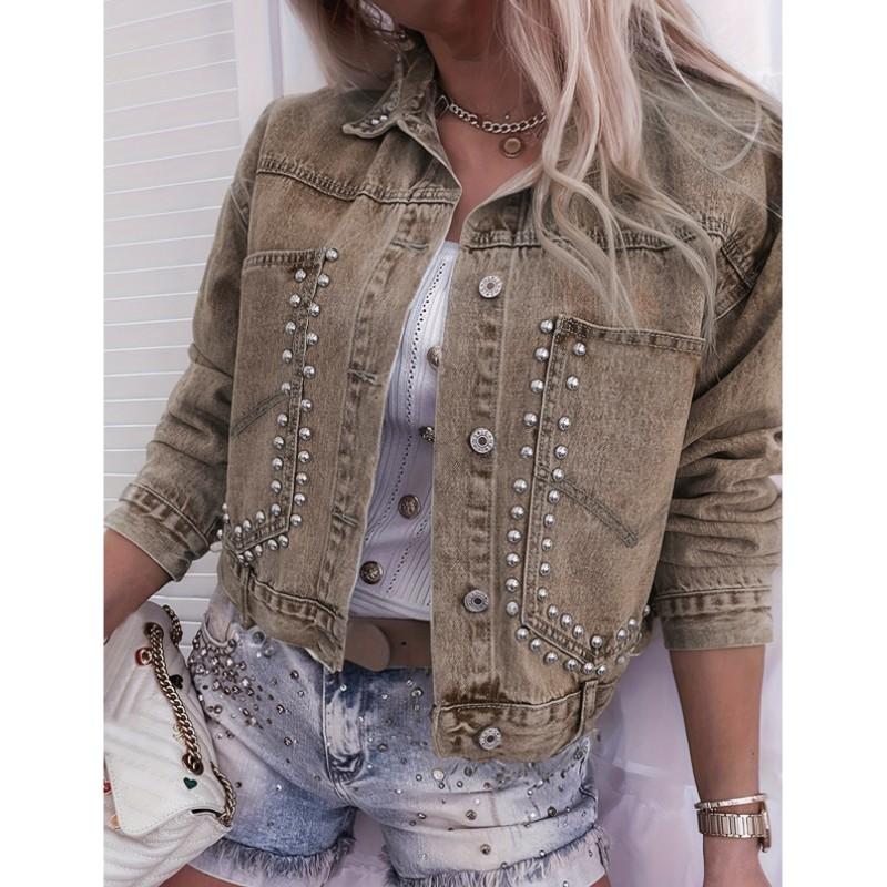 

Женская демисезонная джинсовая куртка с длинным рукавом и воротником, короткая L