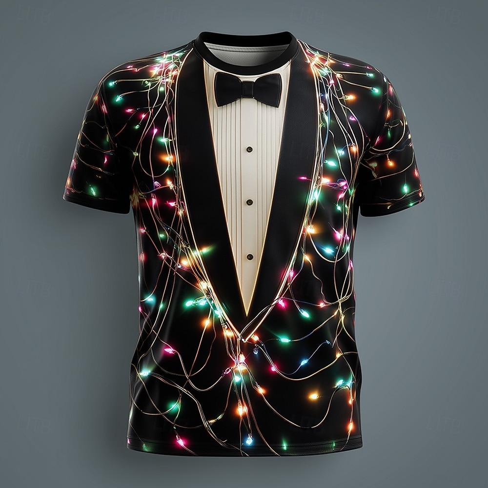 Christmas Lights Tuxedo 3D T Shirt for Men, Funny Holiday Suit Colorful String Lights, Party Outfit for Ugly Sweater Day or Xmas