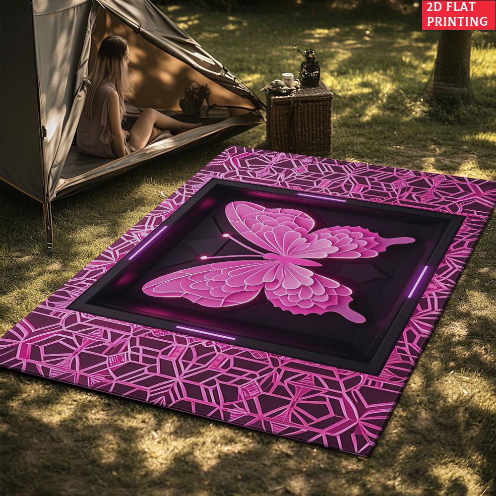 Neon Pink Butterfly Geometric Area Rug, Non-Slip Soft Carpet for Living Room Bedroom, Cyberpunk Aesthetic Decor Floor Mat