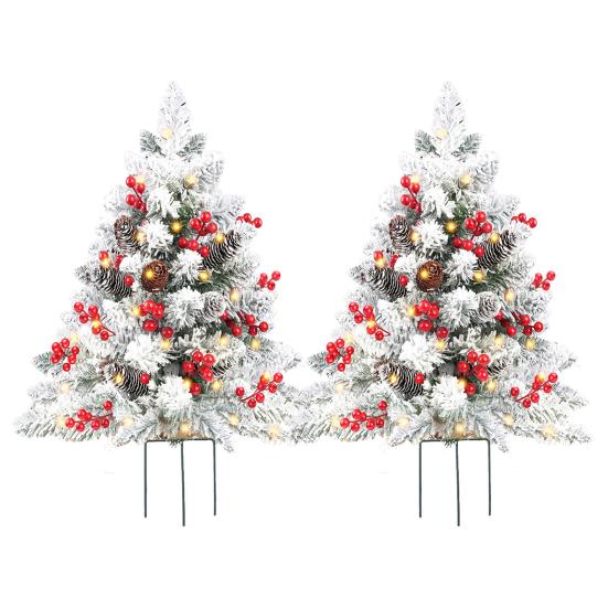 23 Inch Lighted Artificial Christmas Urn Filler Pre-lit Xmas Pine Tree with Cones Red Berries Tripod Stake And LED Light Outdoor Porch Planter Filler