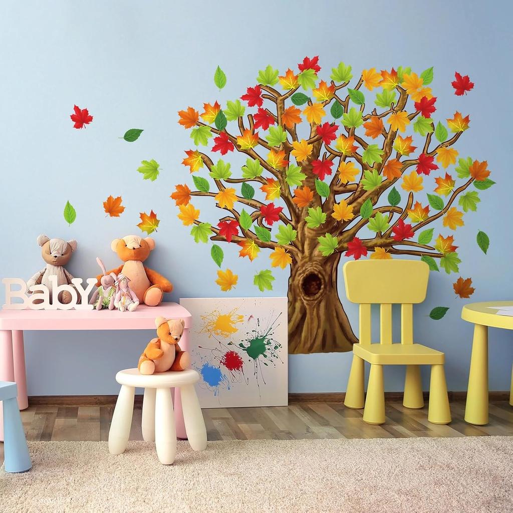 Gersoniel 90 Pieces Classroom Tree Bulletin Board Decorations Conversation Fall Leaves Cutouts Autumn Stickers for Classroom Home Wall Decor(Natural