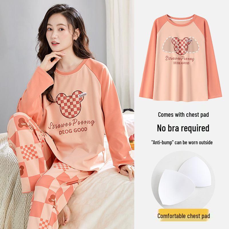 Women's 2025 Long-Sleeve Cartoon Pullover Pajamas with Chest Pad - Versatile Cotton Set for Indoor/Outdoor Wear (Autumn/Winter).
