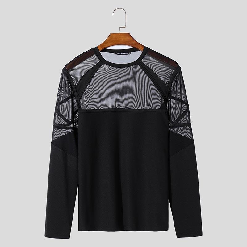 

INCERUN Мужские сетчатые топы с длинным рукавом и тонкой строчкой, футболки для вечеринок и клубов 4XL чёрный