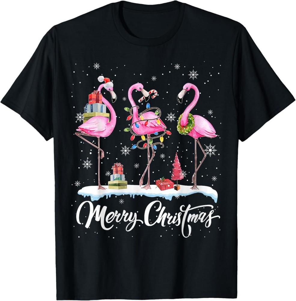 

Merry Christmas Hat Santa Flamingo Light Christmas Snow T-Shirt XL